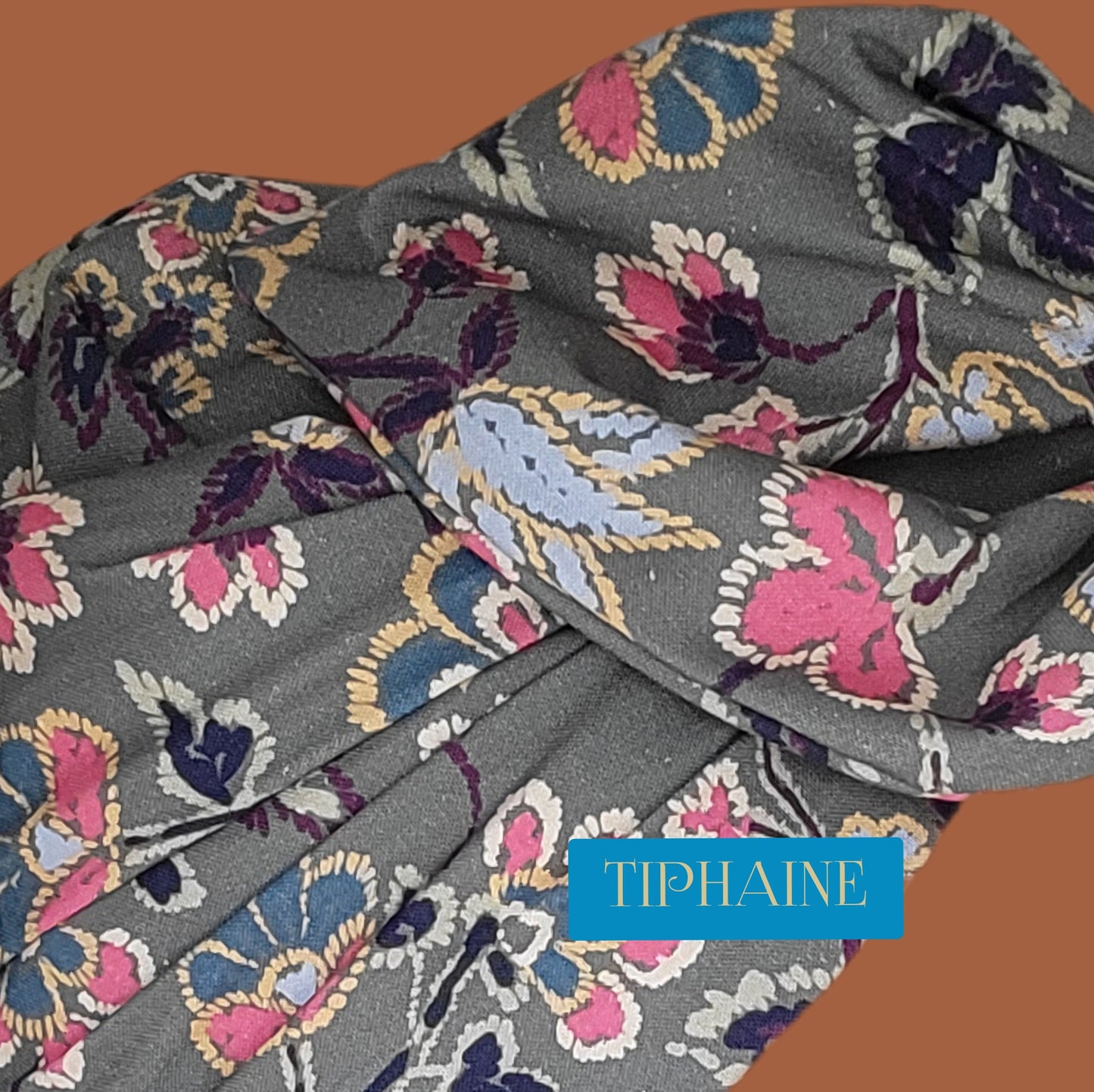 Turban coton base kaki details fleuris