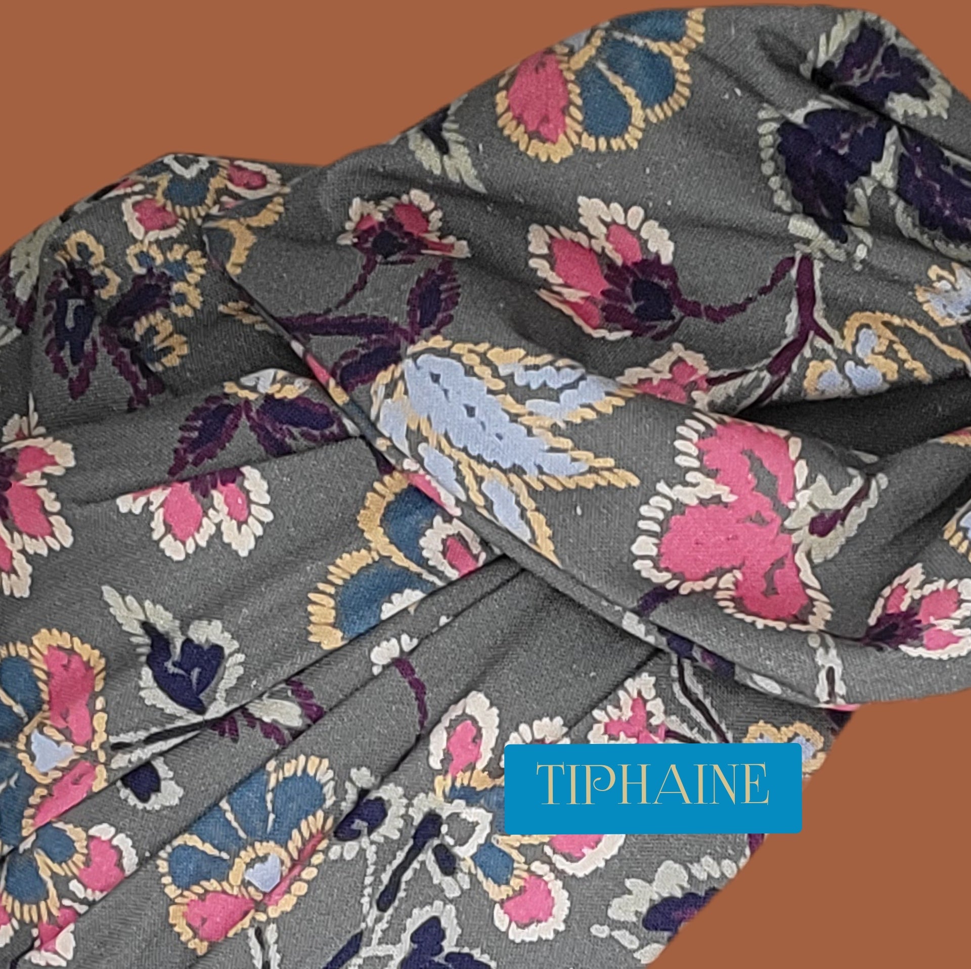 Turban coton base kaki details fleuris